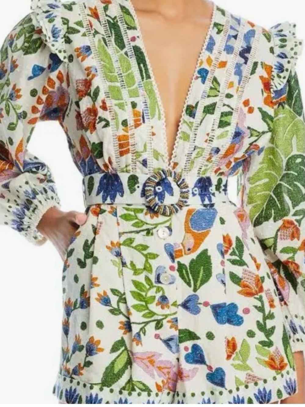 FARM Rio White Multicolor Floral V-Neck Belted Romper - Picture 2 of 4